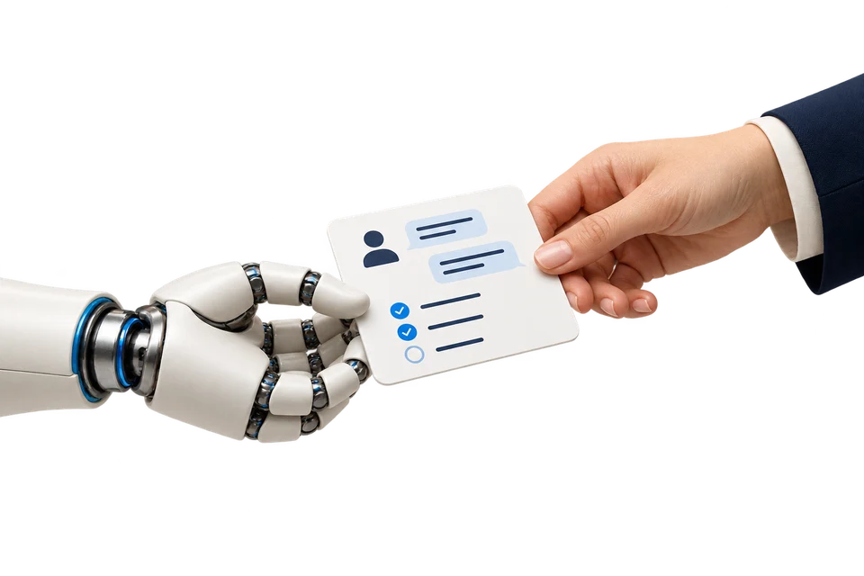 Illustration zur Übergabe eines Kundenfalls mit Gesprächsverlauf und offenen Aufgaben zwischen Bot und Mitarbeitendem